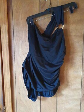 Tropical Escape Women’s One Piece Swimsuit Size 14 Black One Shoulder Ruched